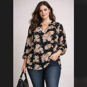 Torrid Harper Blouse 3X 22/24 Black Floral Georgette V-Neck Flowy Top Cottage